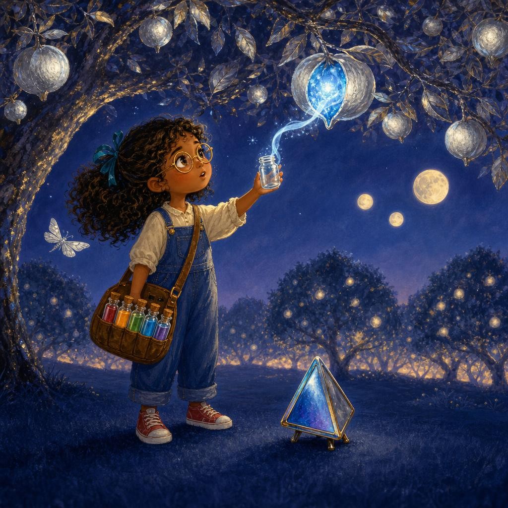 A silver fruit opens and releases a dreamlike blue ribbon toward Mira's jar.