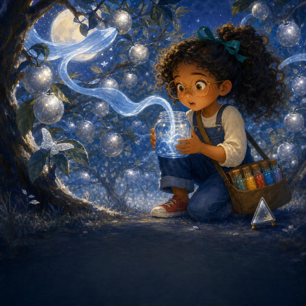 Moonlight blue escapes through Mira's stoppered jar and returns to the silver fruit.