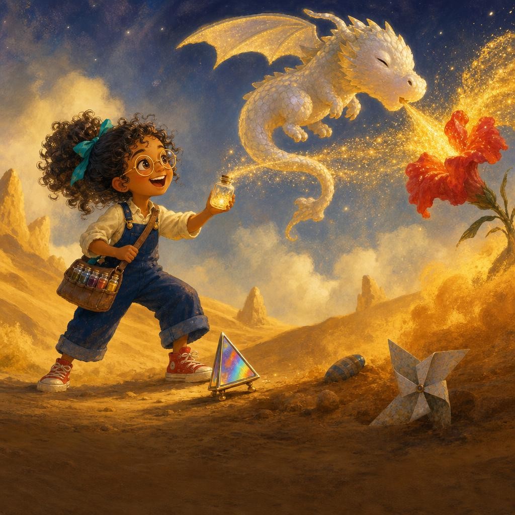 A tiny cloud dragon sneezes golden sparks across the dunes as Mira catches one.