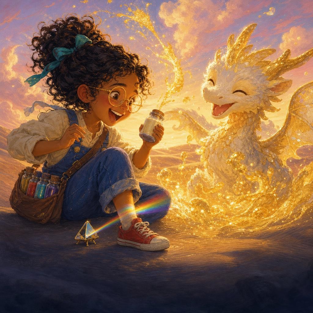 Mira's laughter makes the dull gold leap brightly from her jar around her friends.