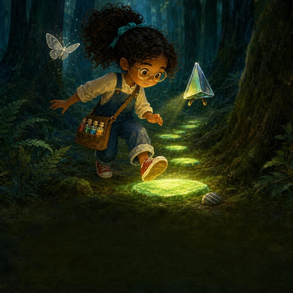 A green path appears just before each courageous step Mira takes through the dark forest.