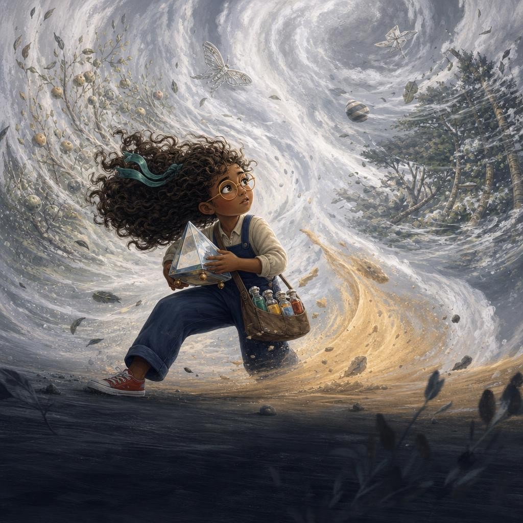 A white-gray storm drains blue, gold, and green from the magical worlds as Mira protects Pip.