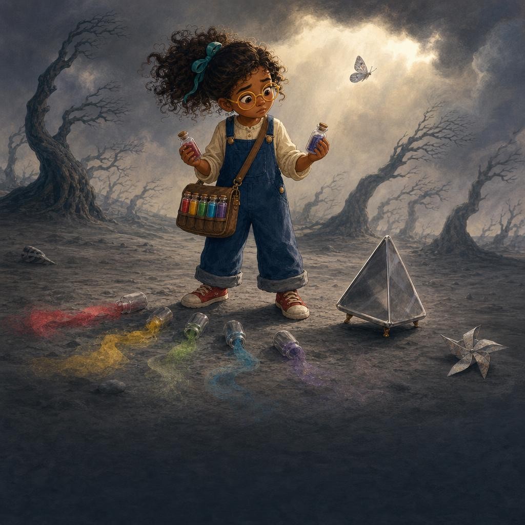 Mira opens all six jars, but their dusty colors cannot stop the pale storm.