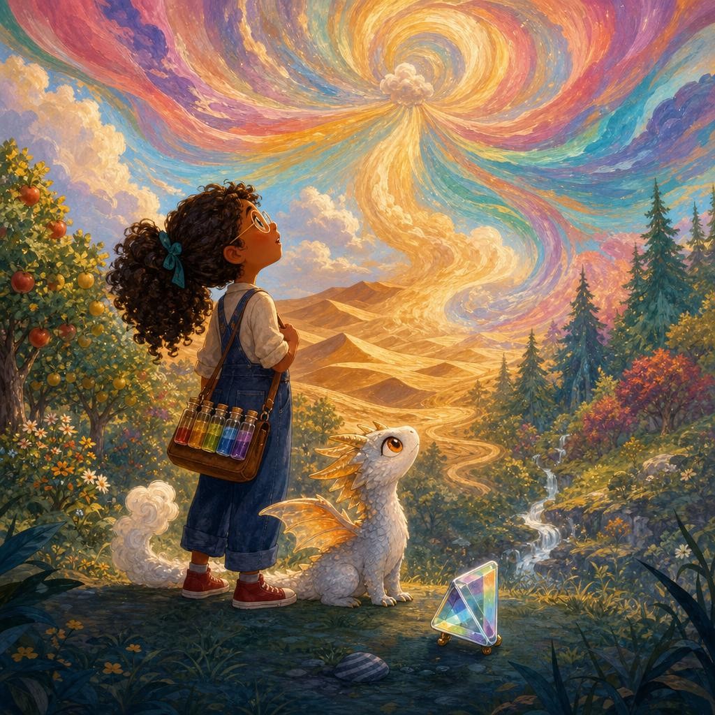 The storm bursts into ribbons of color and shrinks into a harmless small white cloud.