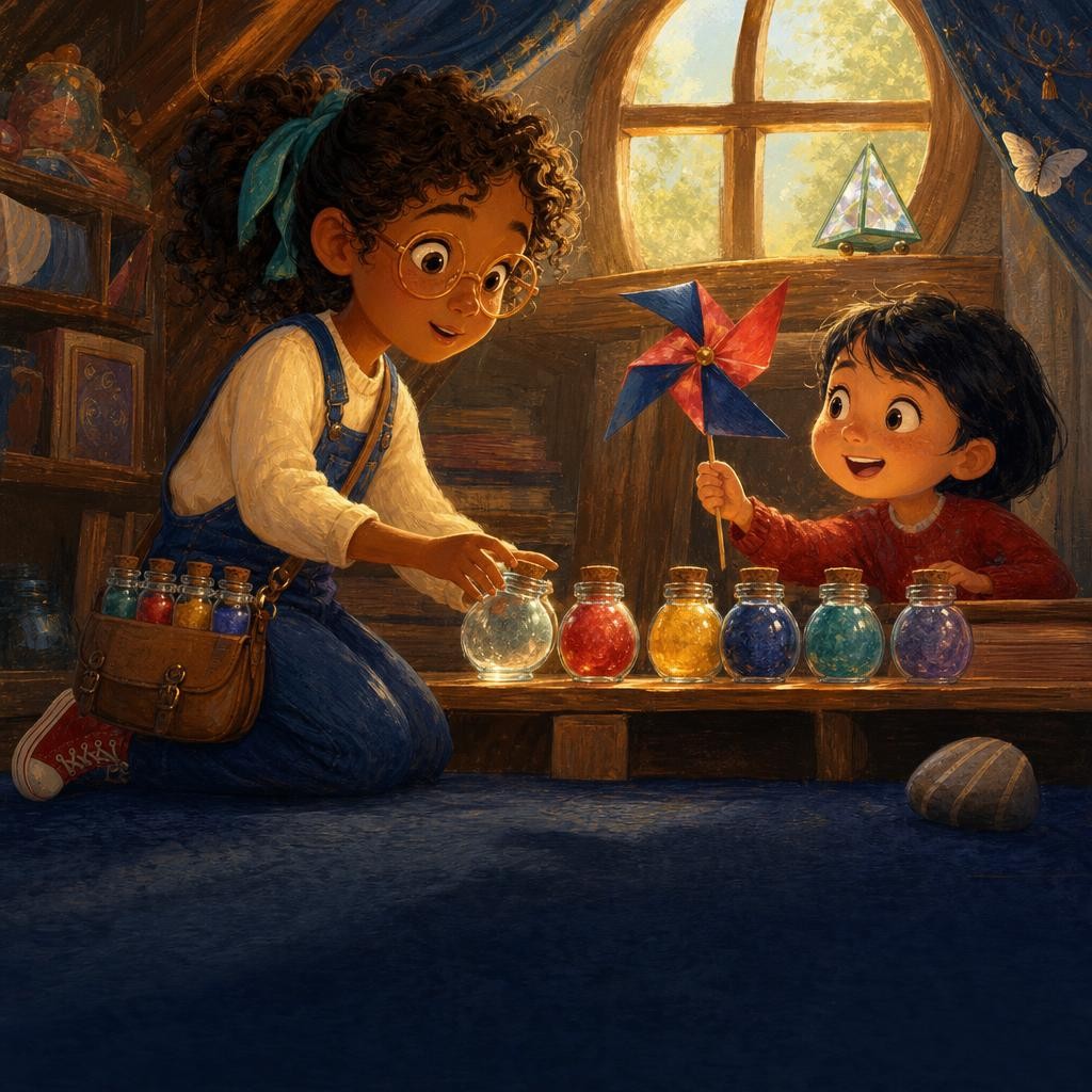 Mira's empty seventh jar glows with a new shade as another child shares an idea.