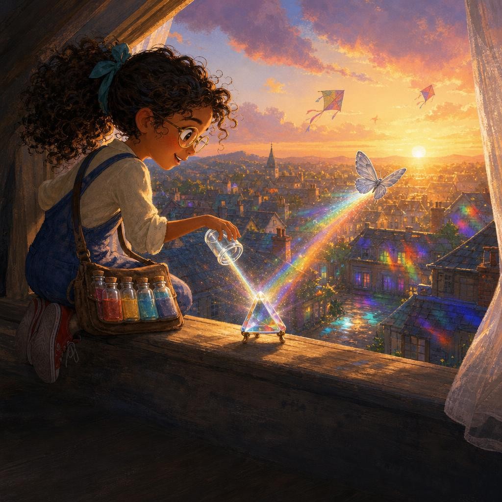 Mira opens her window as shared iridescent color spreads gently across the waking town.