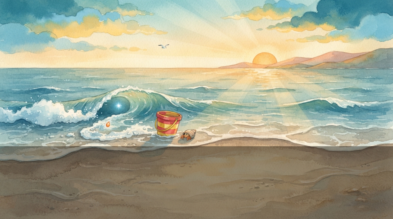 A sparkling drop rests on a small ocean wave beside a beach bucket at sunrise.