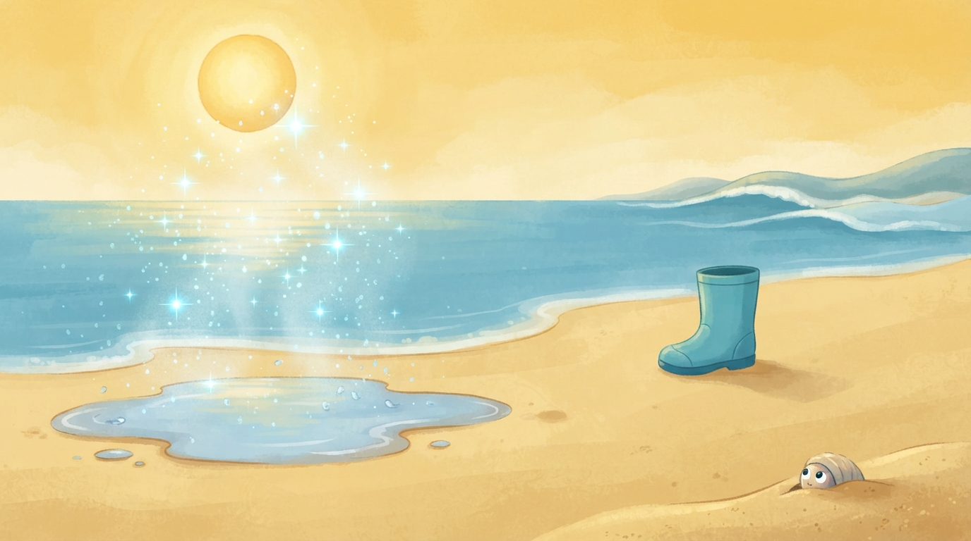 Sunshine warms ocean water and a small puddle as water becomes invisible in the air.