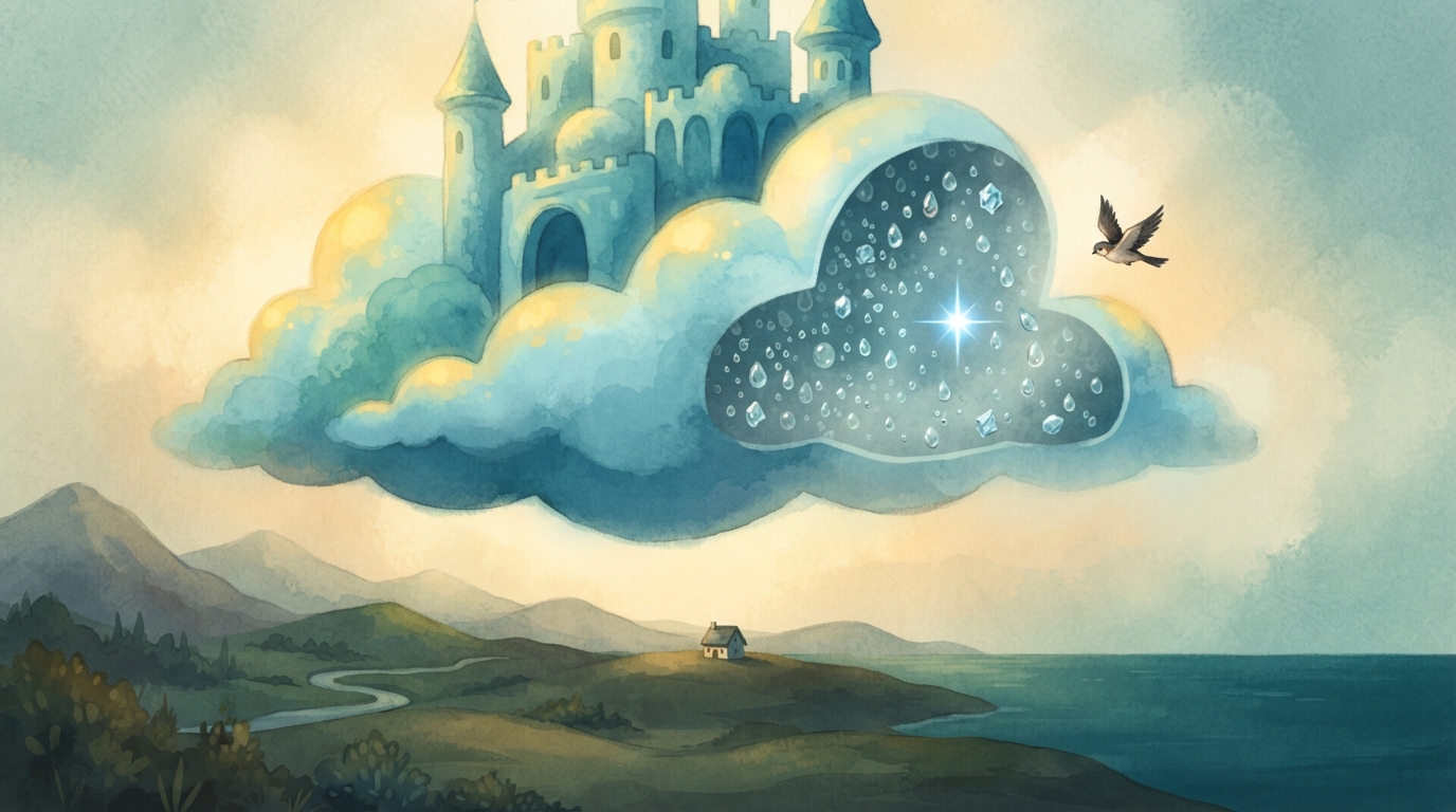 A cutaway cloud shows many tiny water drops as a bird flies beside it.