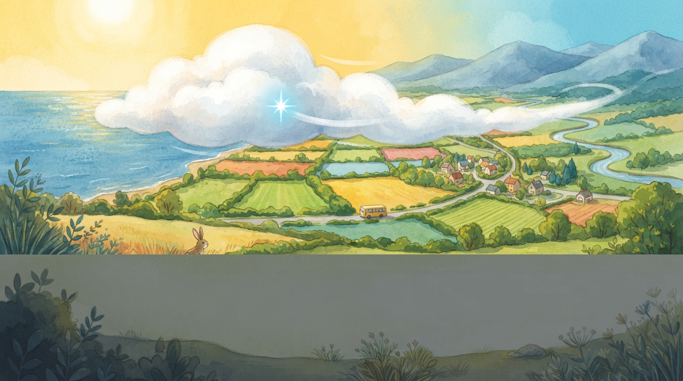 A cloud drifts from the sea over fields and houses toward mountains.