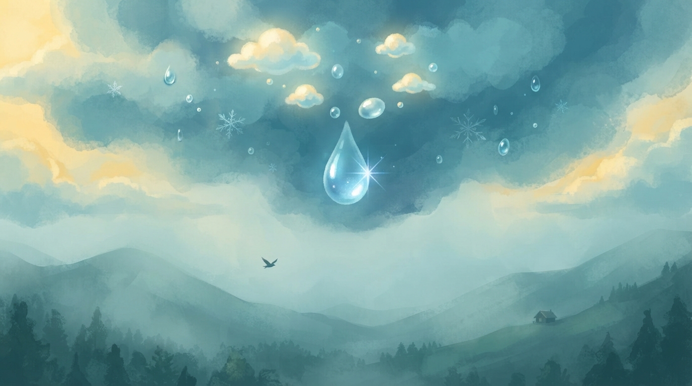 Tiny drops join inside a cloud, and one larger drop starts to fall.