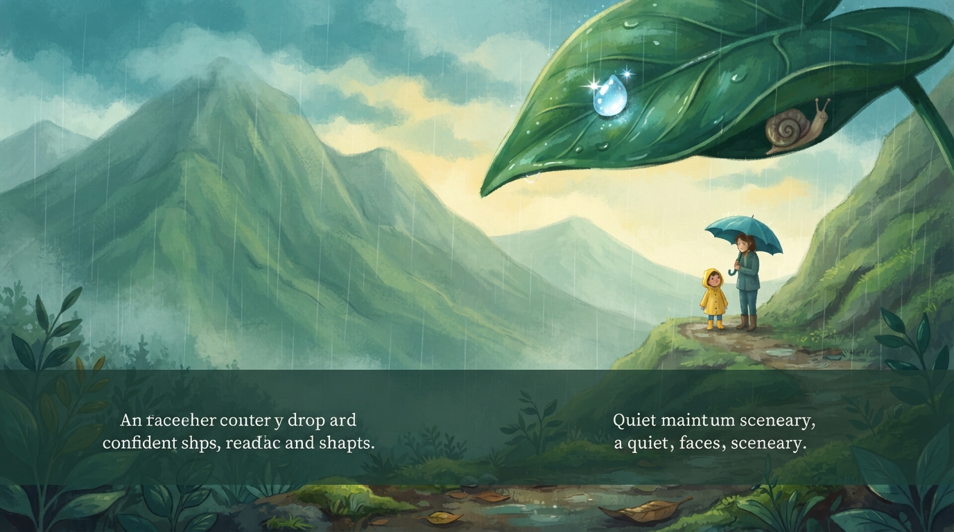 Rain falls over green mountains as one sparkling drop lands on a leaf.
