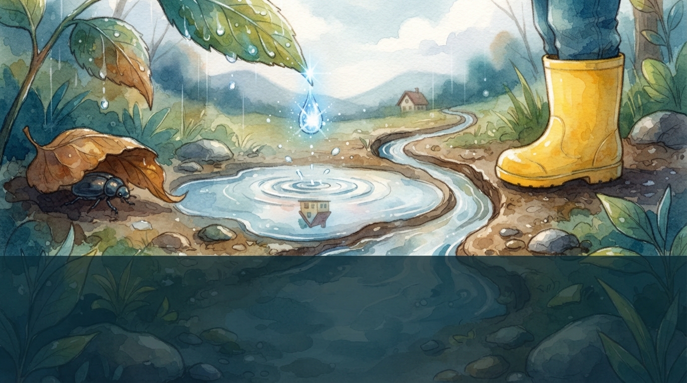 A sparkling raindrop slides from a leaf into a puddle beside a yellow boot.