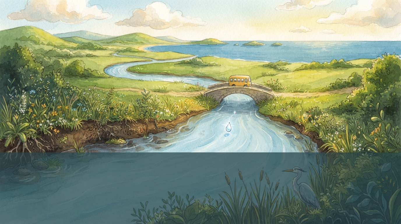A sparkling drop travels in a winding river toward the sea, while some water sinks into the ground.