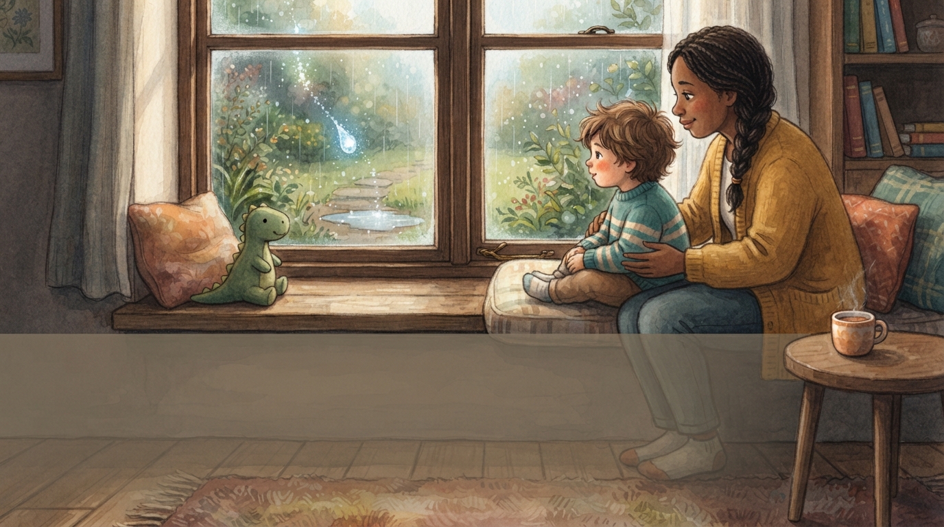 A child and grown-up watch sparkling raindrops slide down a window beside a toy dinosaur.