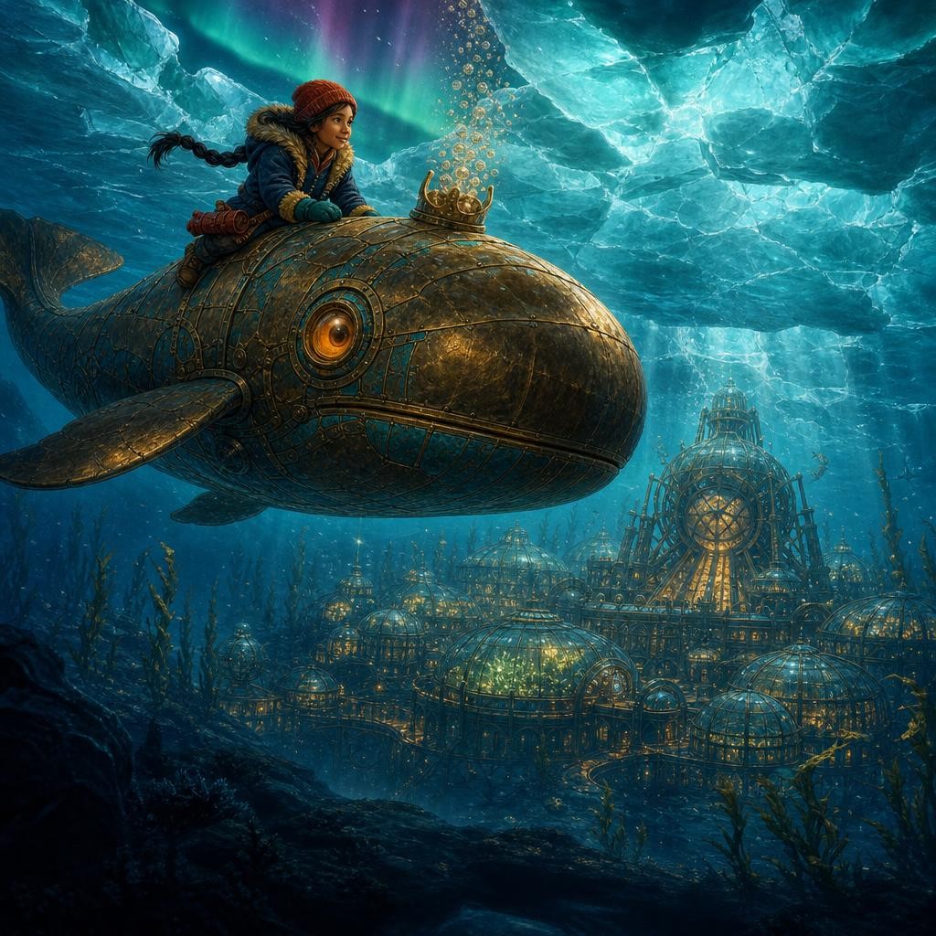 Anika rides a brass clockwork whale beneath polar ice toward a glowing underwater city.
