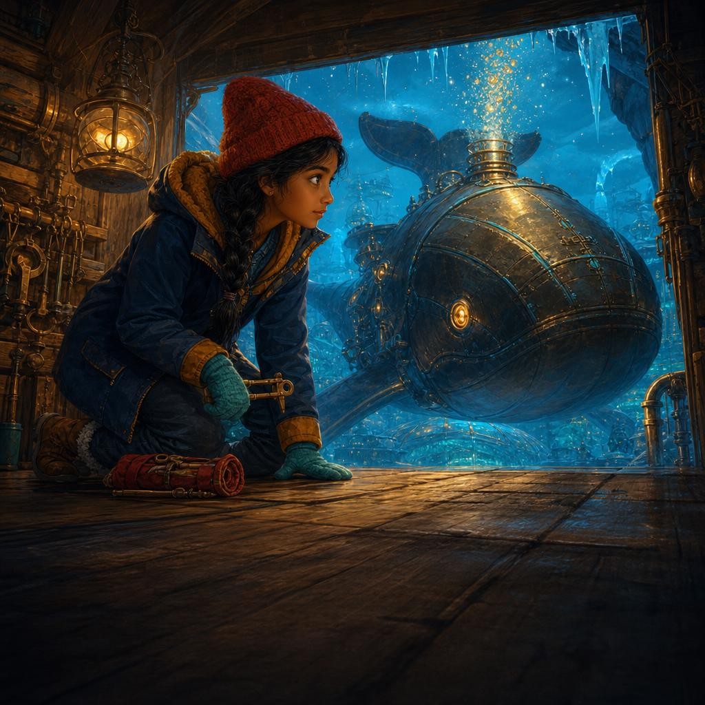 Anika presses a mitten to the repair-shed floor as a strange ticking rises through the ice.