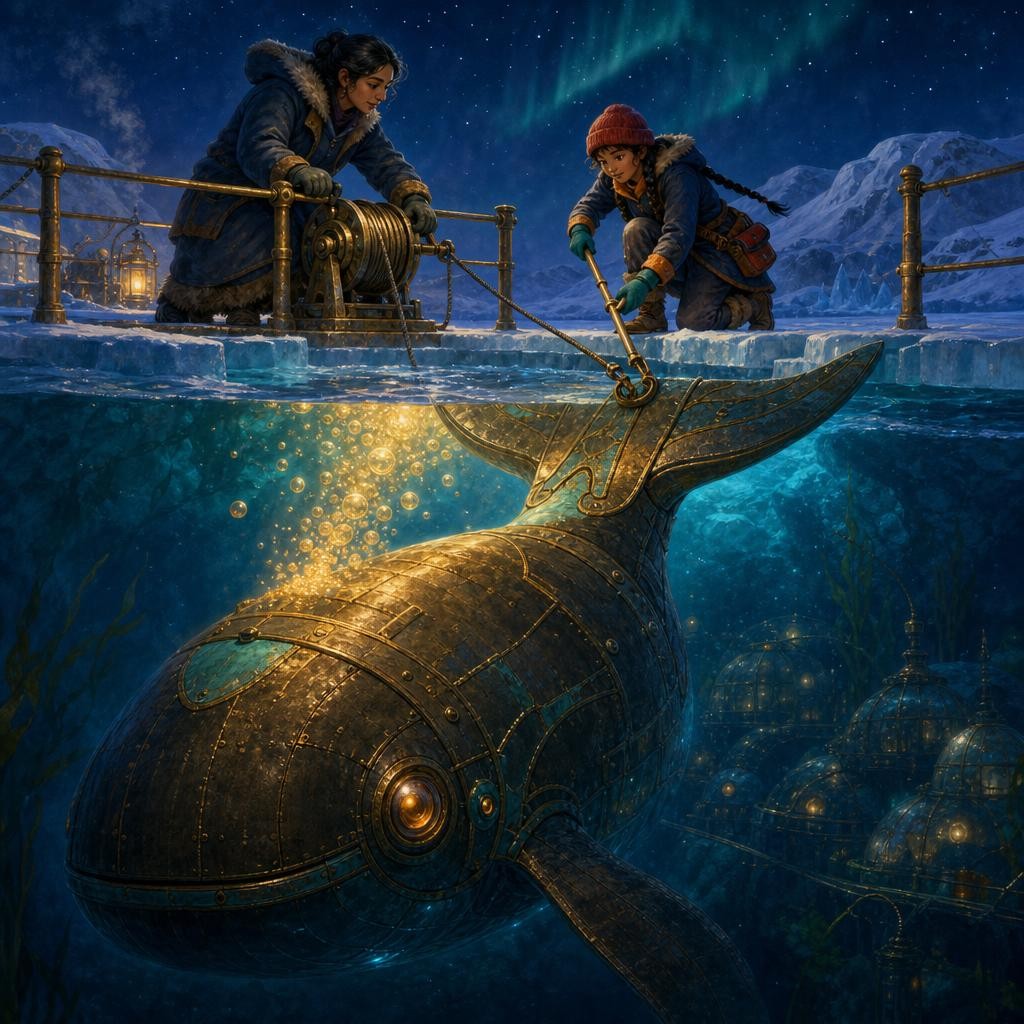 Anika and her auntie safely cut a cable from Neri's brass tail as golden bubbles rise.