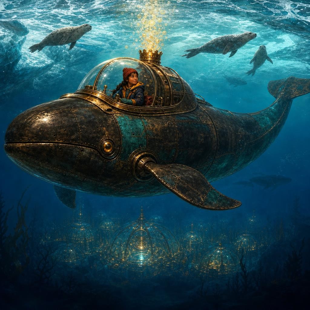 Anika rides inside Neri beneath blue sea ice as seals swim and distant whales call.
