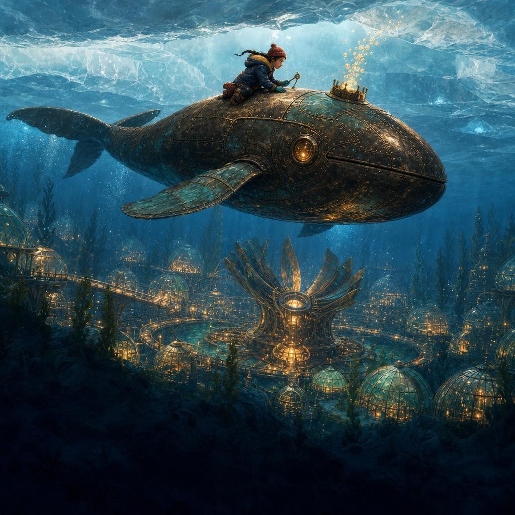 Neri and Anika descend toward a dim underwater city surrounding a silent giant turbine.