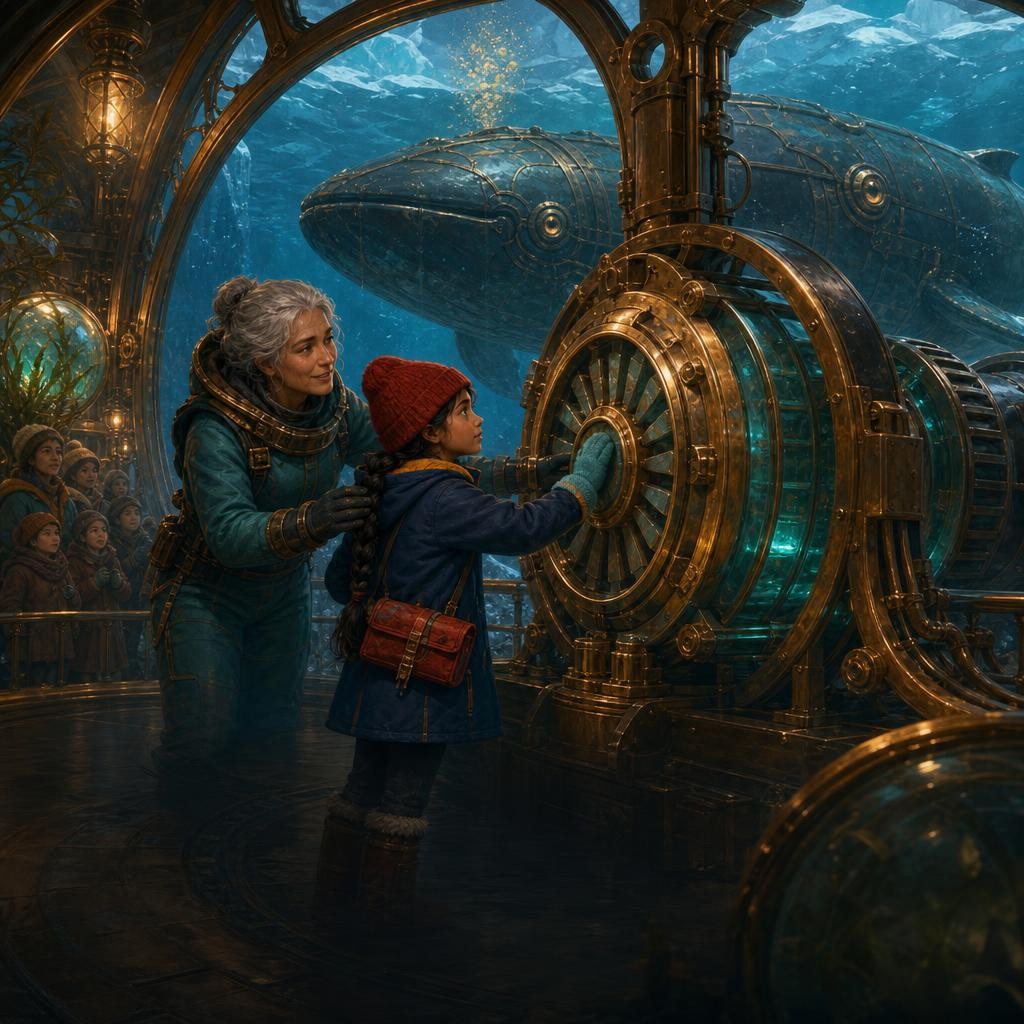Anika and Keeper Sola feel the stopped Tideheart while dim kelp lamps fade around Pelagos.