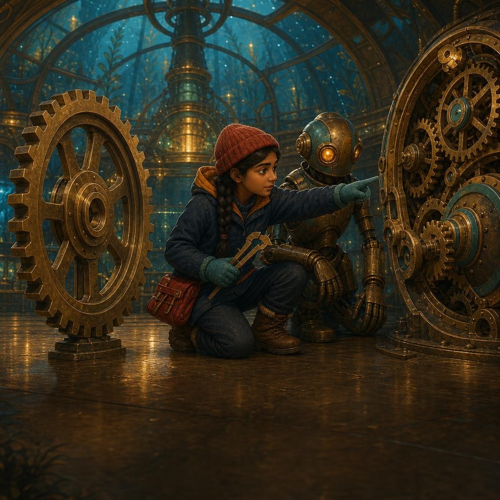 Anika compares perfect gears and notices all the wear marks lean in the same direction.