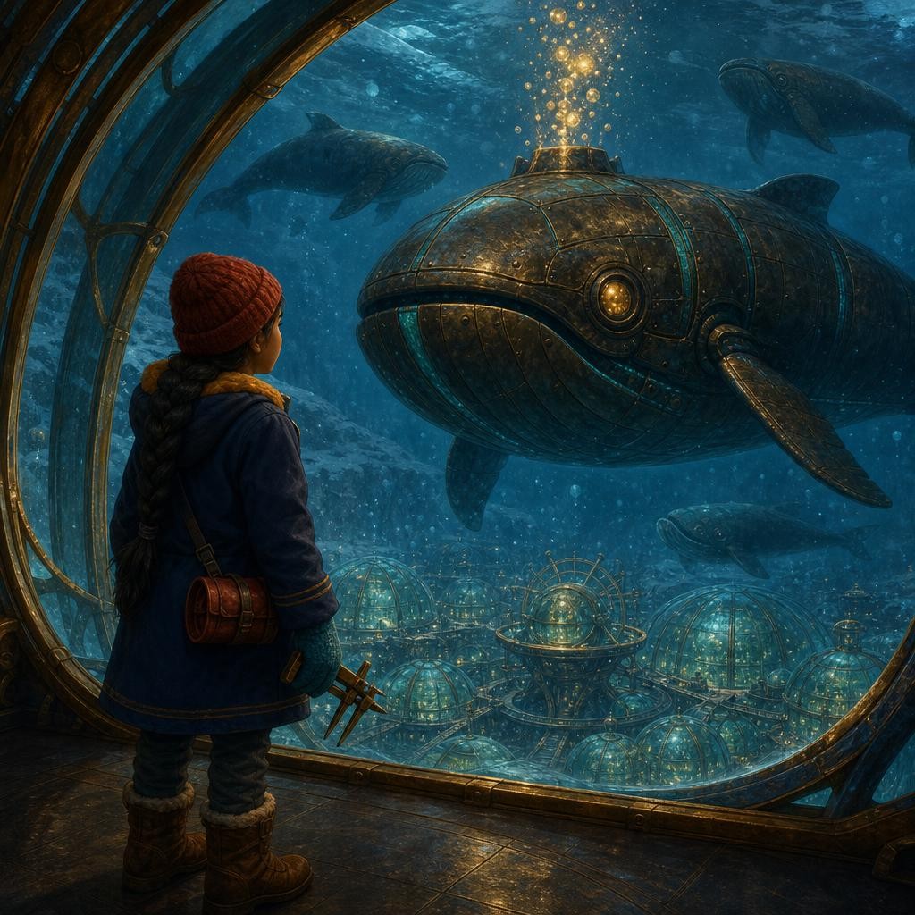 Neri taps the dome while wild whales answer and an old mosaic reveals her keeper role.