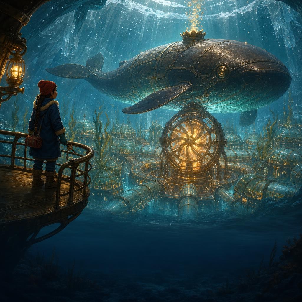 Neri circles the turning Tideheart as warm light spreads through the underwater city.
