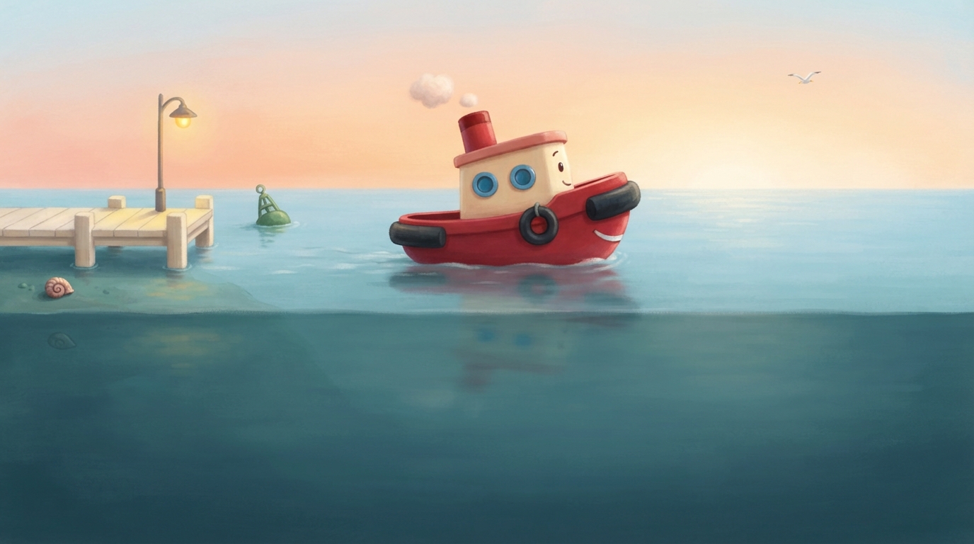 Toot leaves the little pier as the sun comes up.