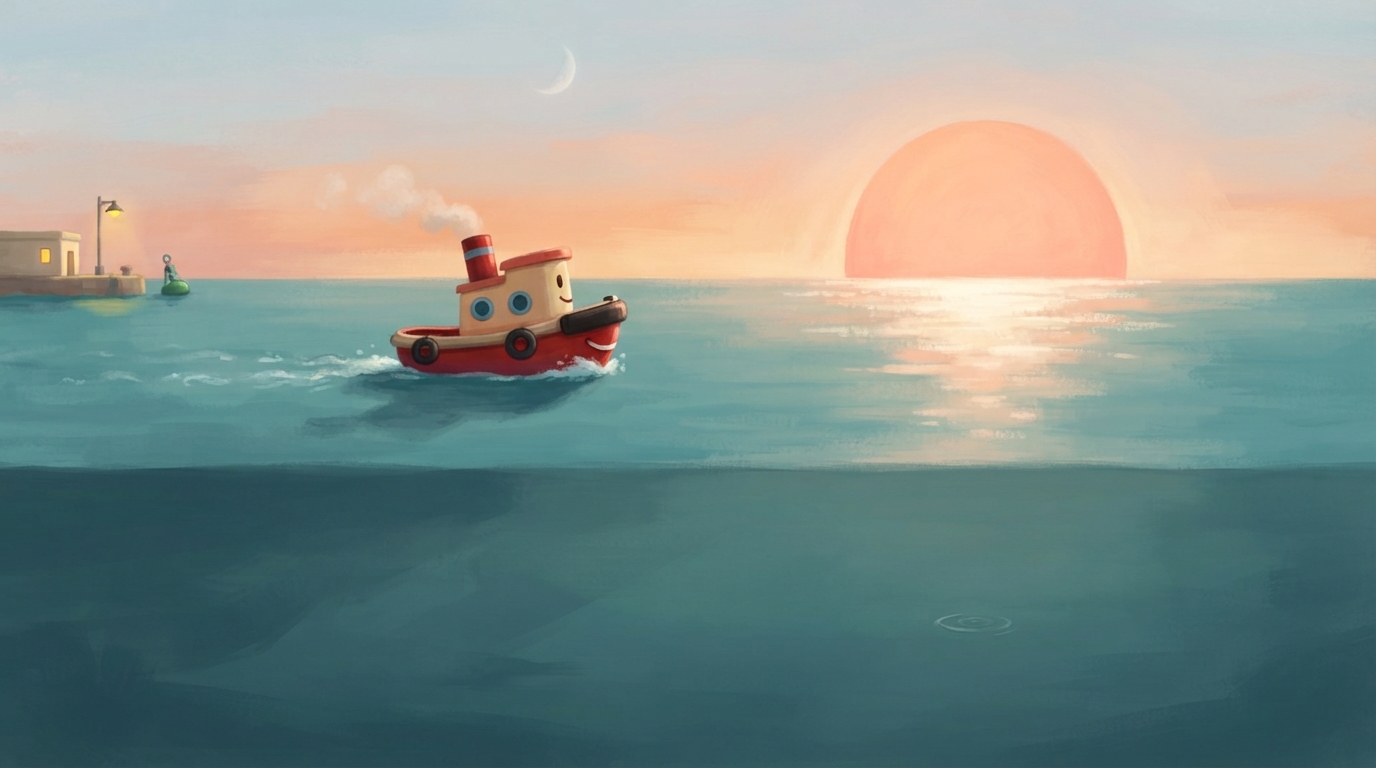 Tiny Toot chugs along a bright path made by the peach sun.