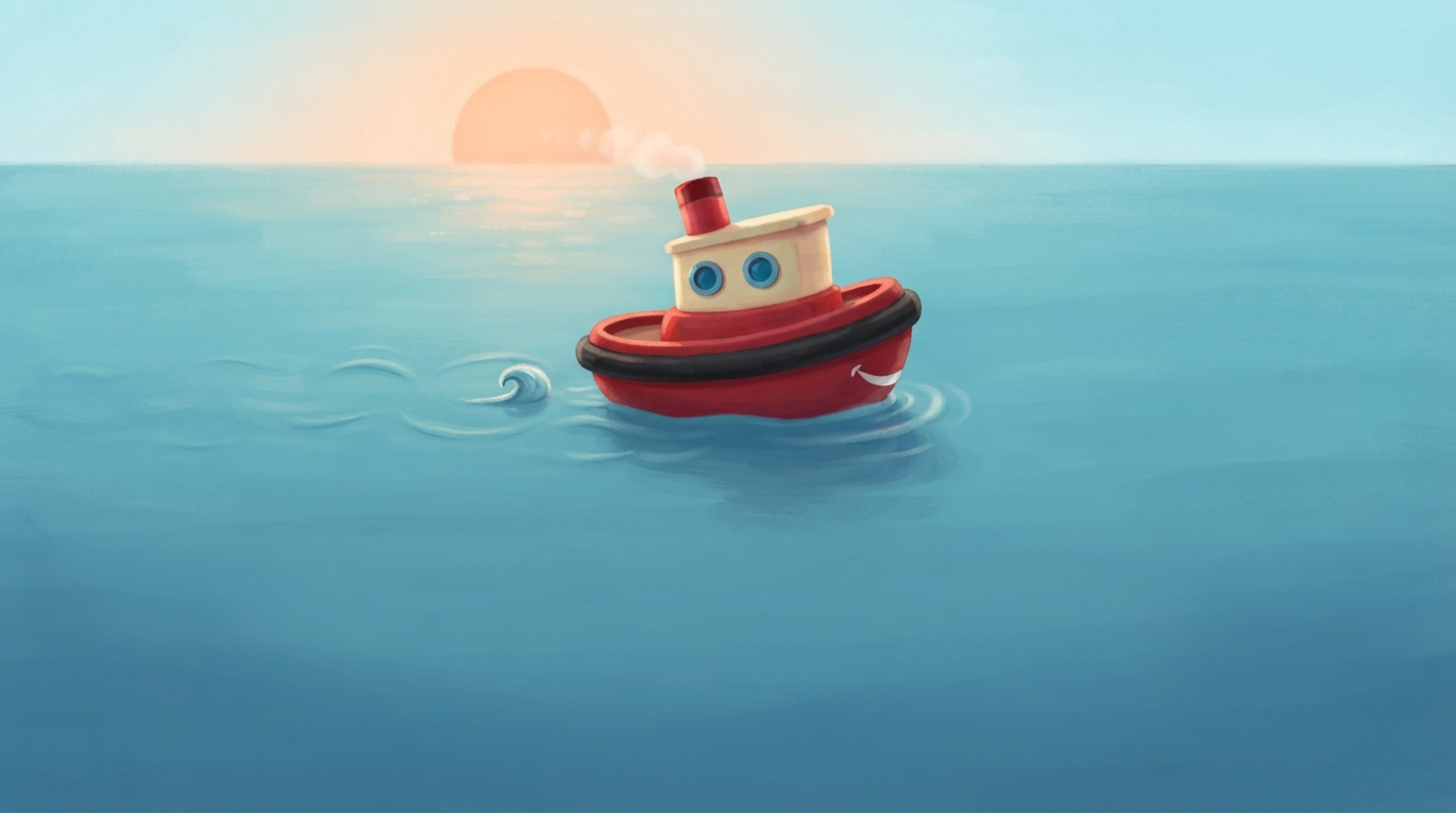 Tiny red Toot chugs alone across a huge calm blue sea.