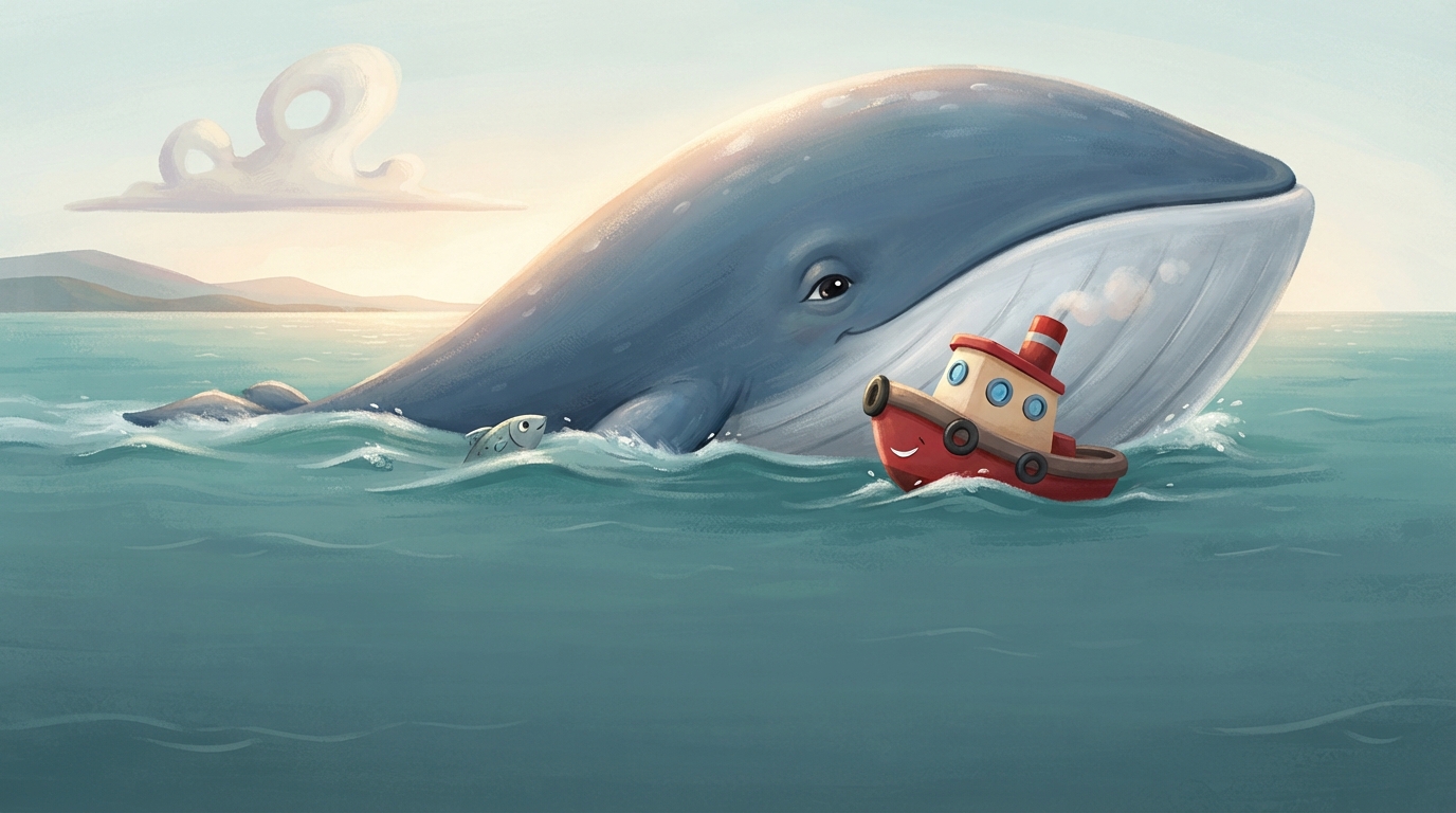 A huge gentle whale rises beside Toot, who looks up and beeps hello.
