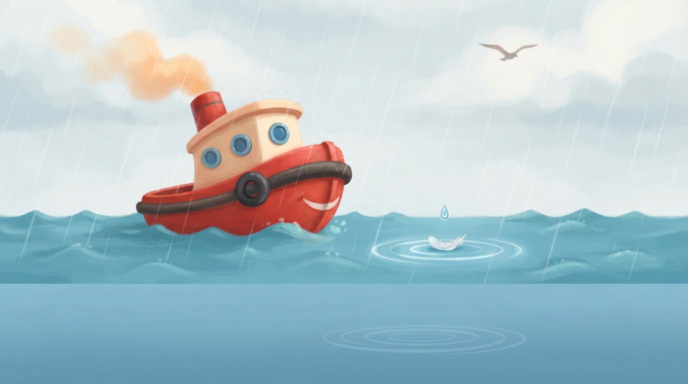 Toot bobs happily in soft rain over the blue sea.