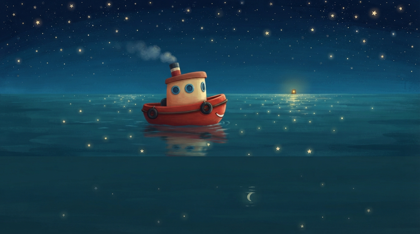 Toot floats on a dark blue starry sea and looks toward one far warm light.