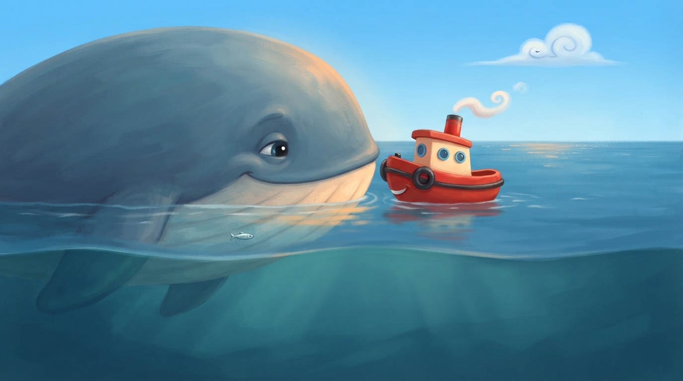 Toot floats beside a huge kind whale in the blue sea under the blue sky.