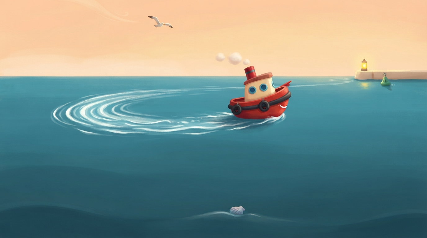 Toot turns on the blue water and heads toward a tiny warm light far away.