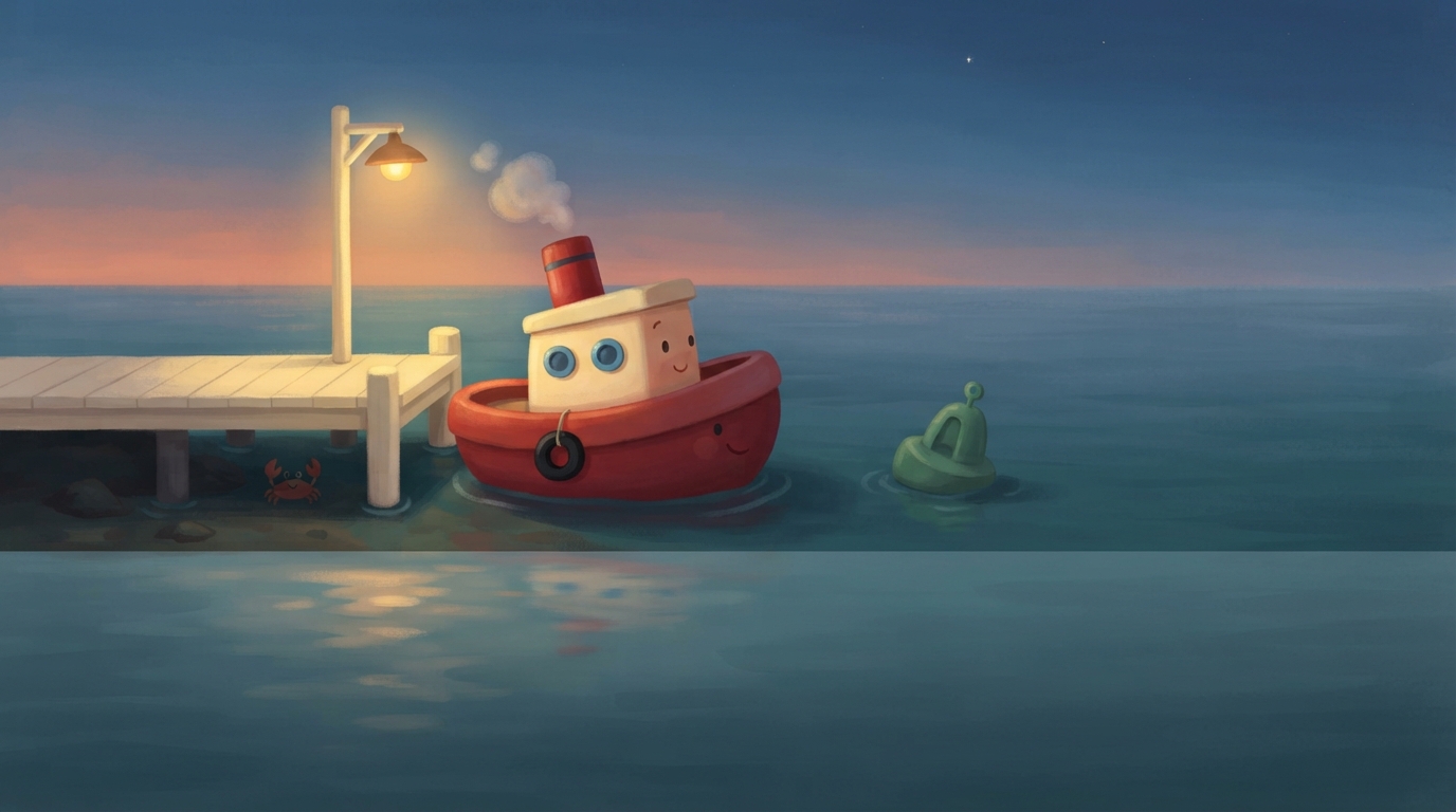 Toot rests beside the cream pier under a warm yellow lamp as the sea grows dark.