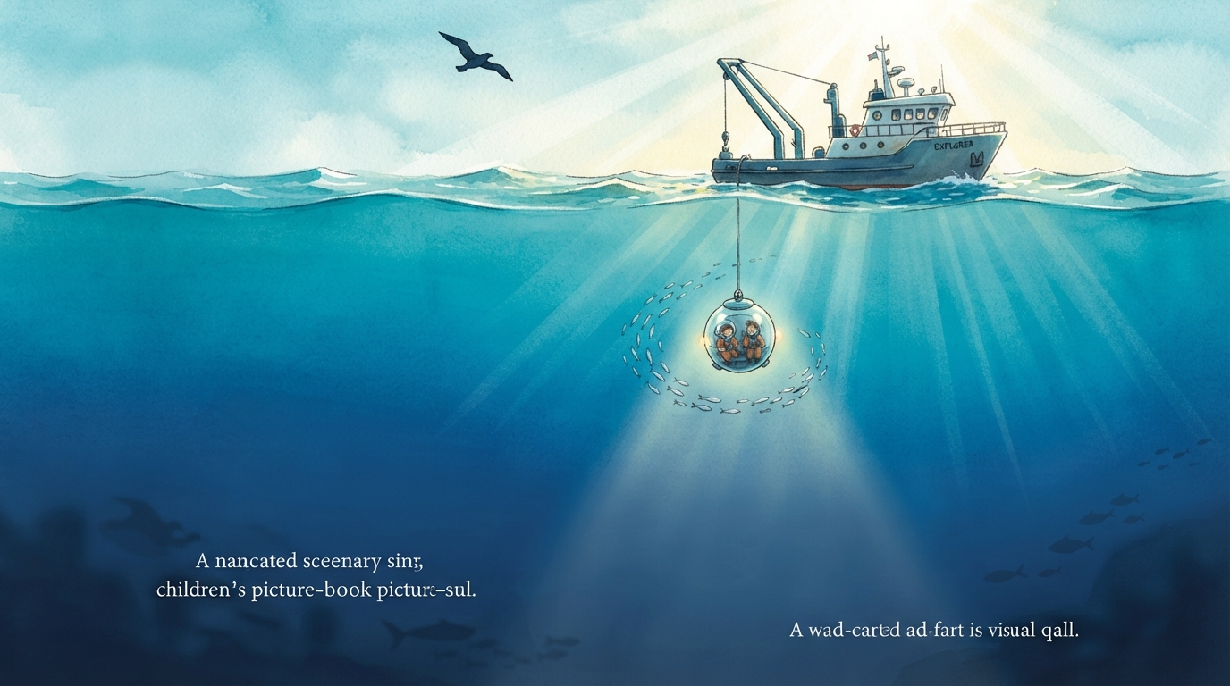 A small glass submersible lowers from a research boat into a very deep blue ocean.