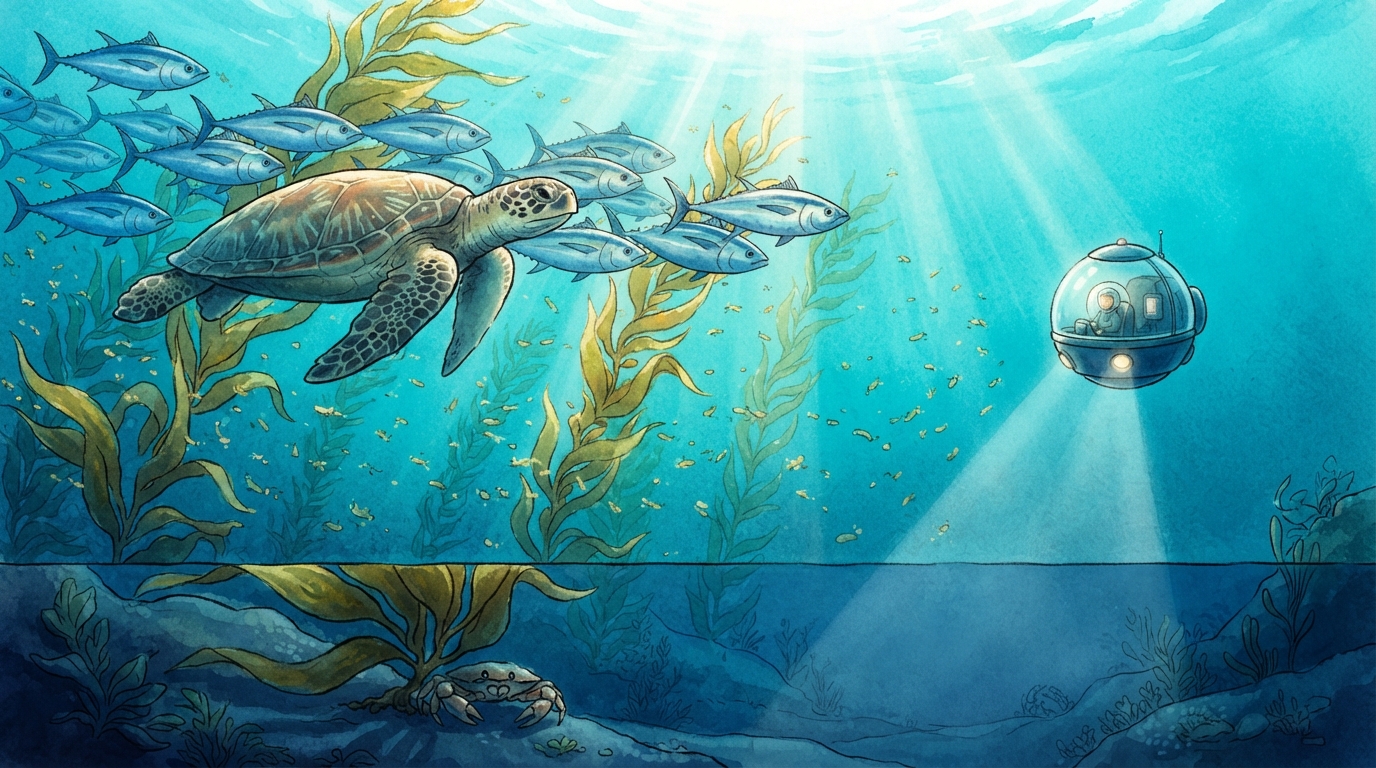 A turtle, tuna, and kelp move through sunny turquoise water beside a small submersible.