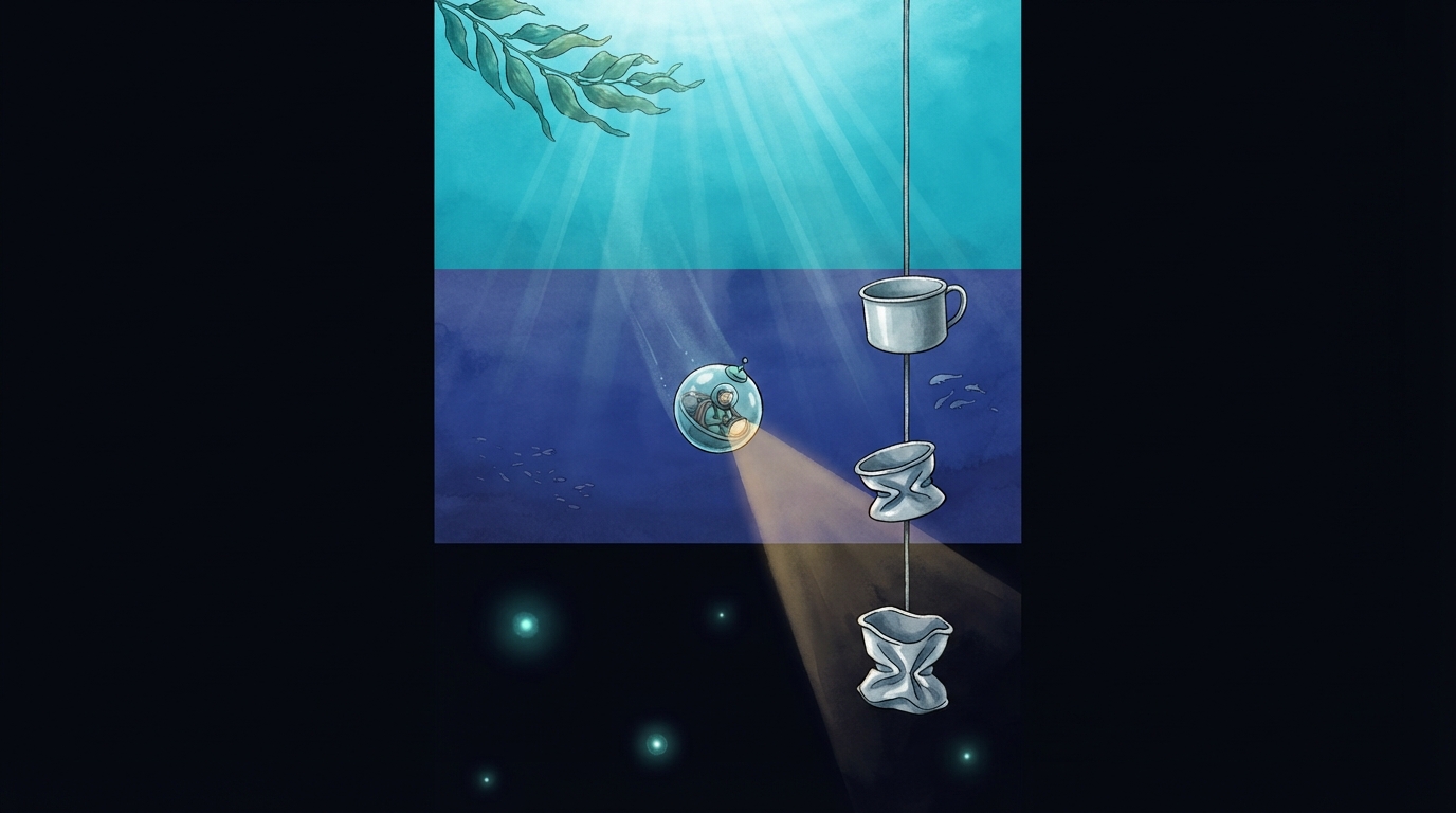 A submersible descends through bright, dim, and dark ocean layers as cups become more squeezed deeper down.
