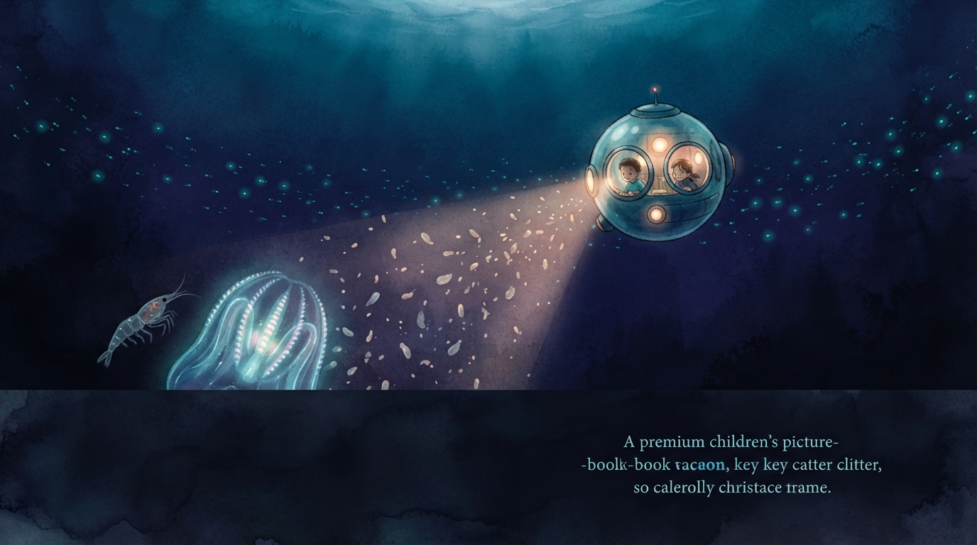 A submersible floats in dim blue-violet water among falling crumbs and tiny glowing animals.