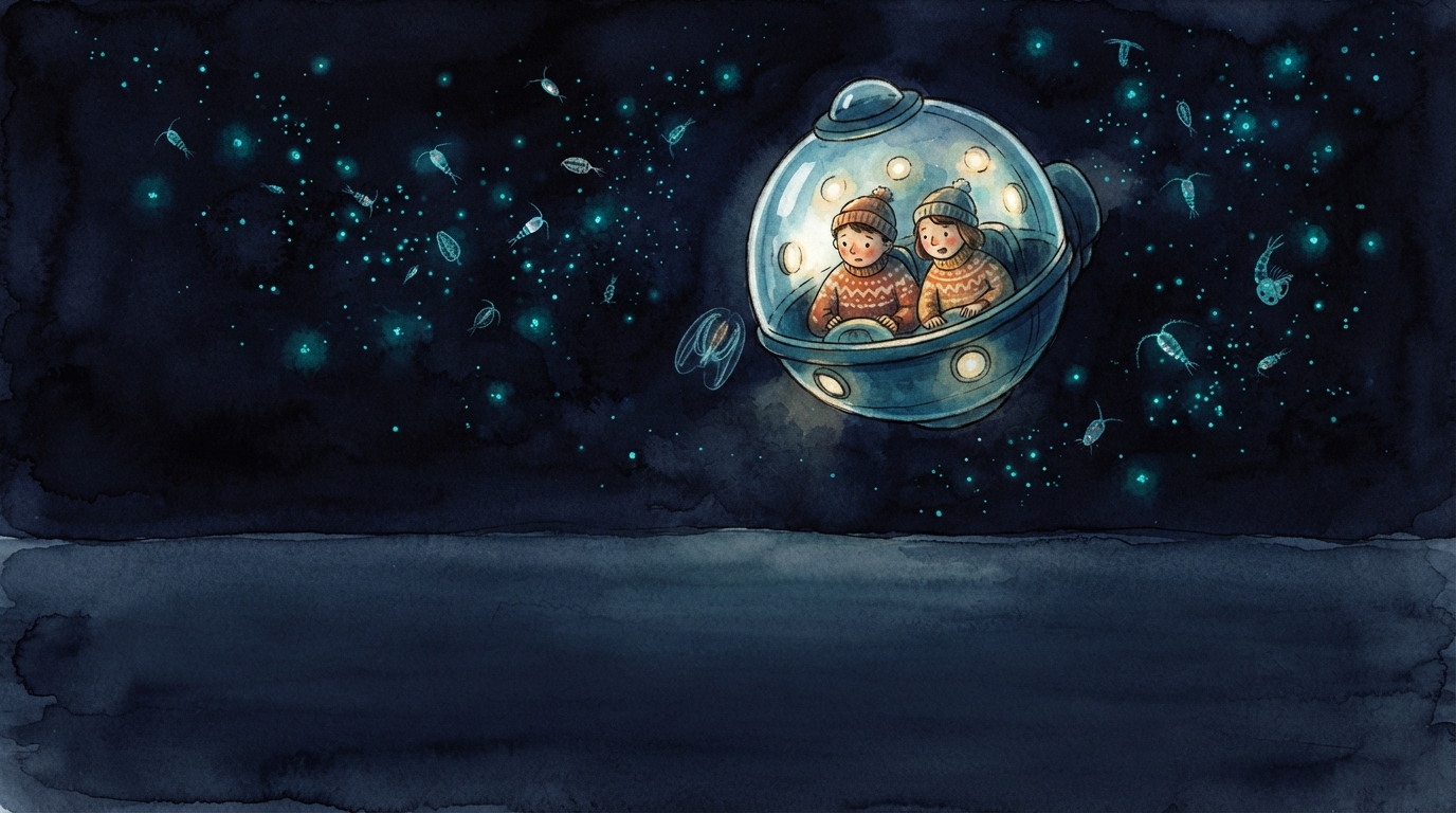 A small submersible floats in dark water surrounded by tiny blue-green living lights.