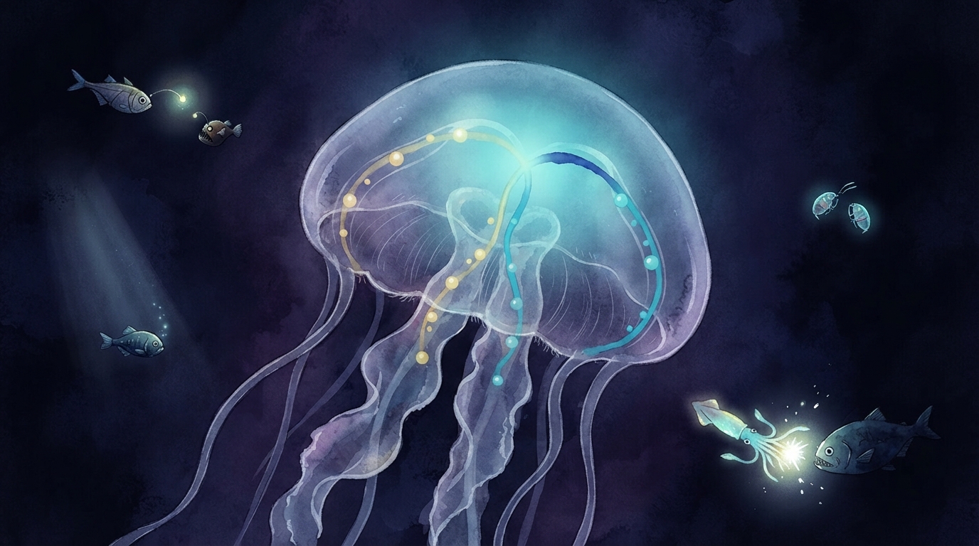 A cutaway jelly glows as two kinds of chemicals meet inside it, with nearby animals using light in different ways.