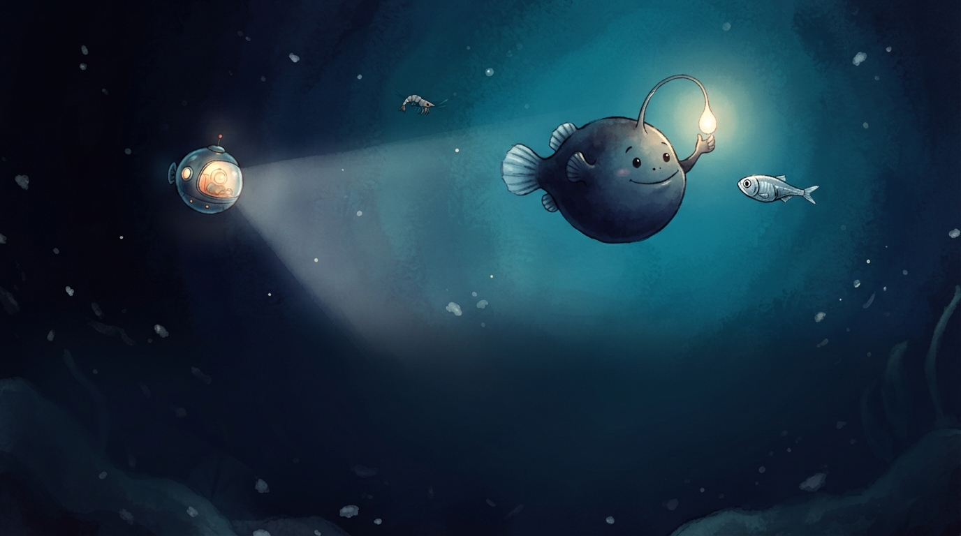A female anglerfish glows softly from a lure above her head as a small fish approaches.
