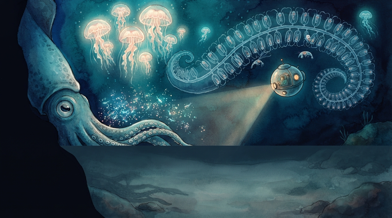 Glowing jellies, a very long siphonophore, and a giant squid eye fill a dark deep-ocean scene.