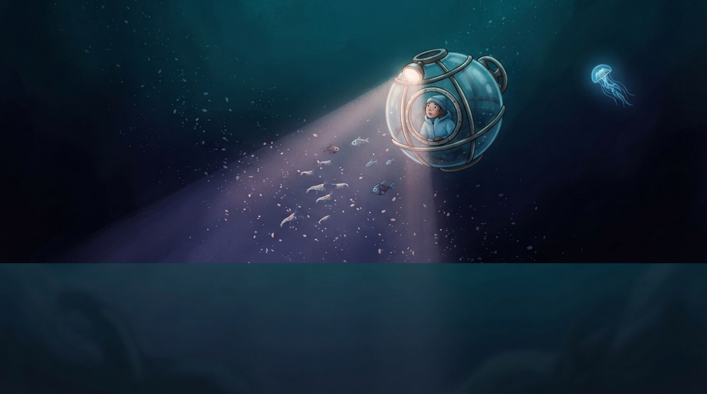 A little sub shines on snowlike specks drifting down through dark ocean water.