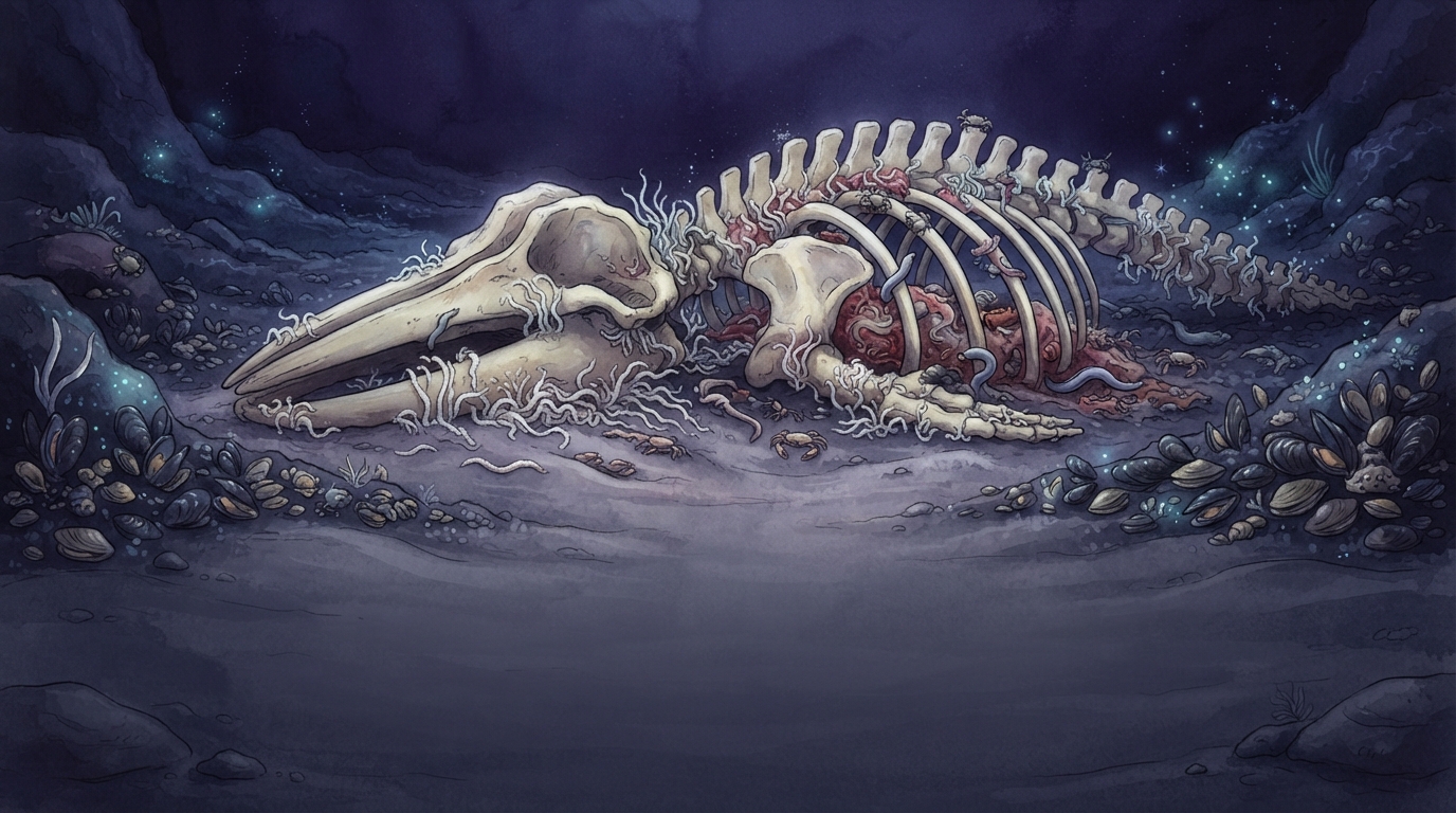 Deep-sea animals gather around a whale skeleton on the quiet seafloor.