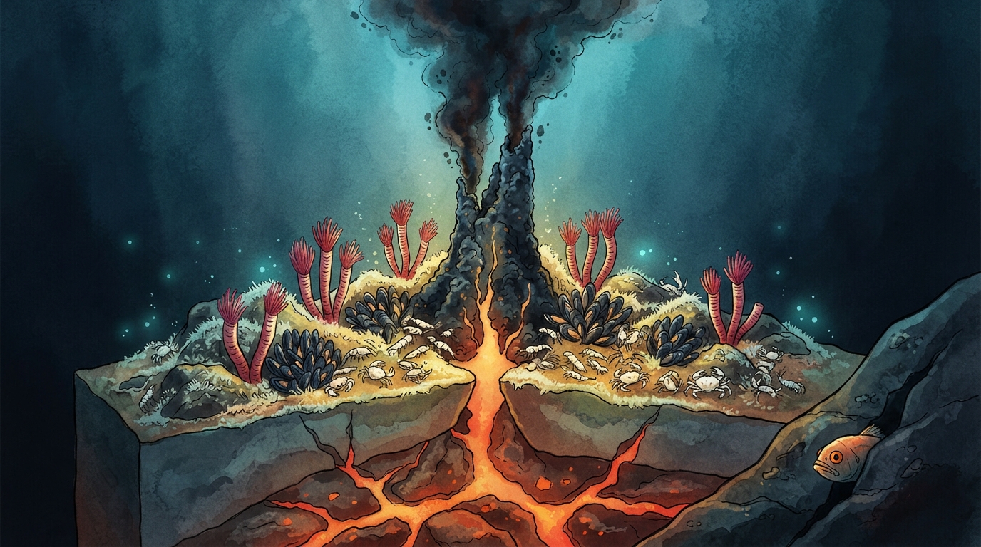 A hot seafloor vent rises among tubeworms, mussels, shrimp, and crabs.