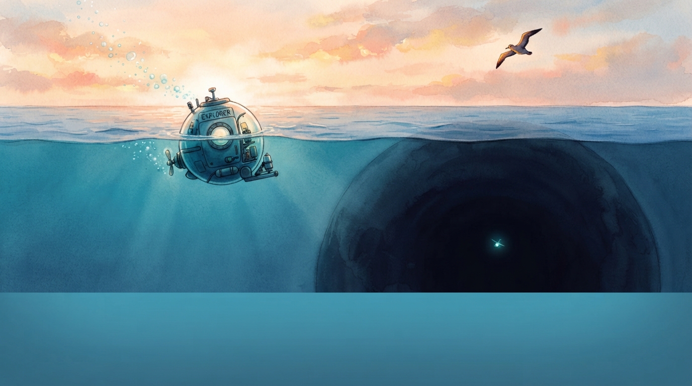 A small sub reaches dawn above a vast dark ocean with one tiny glowing speck behind it.