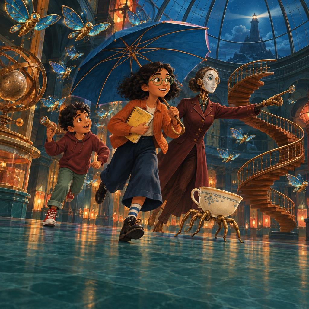 Ada and Ravi run through a midnight museum surrounded by strange unfinished inventions.